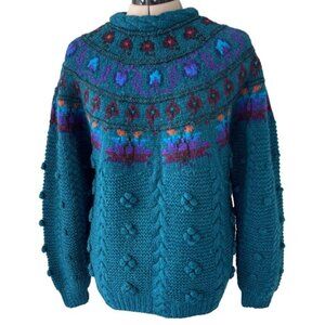 Woolrich Womans XL Wool Sweater Teal Blue Fair Isle Cable Knit Pullover